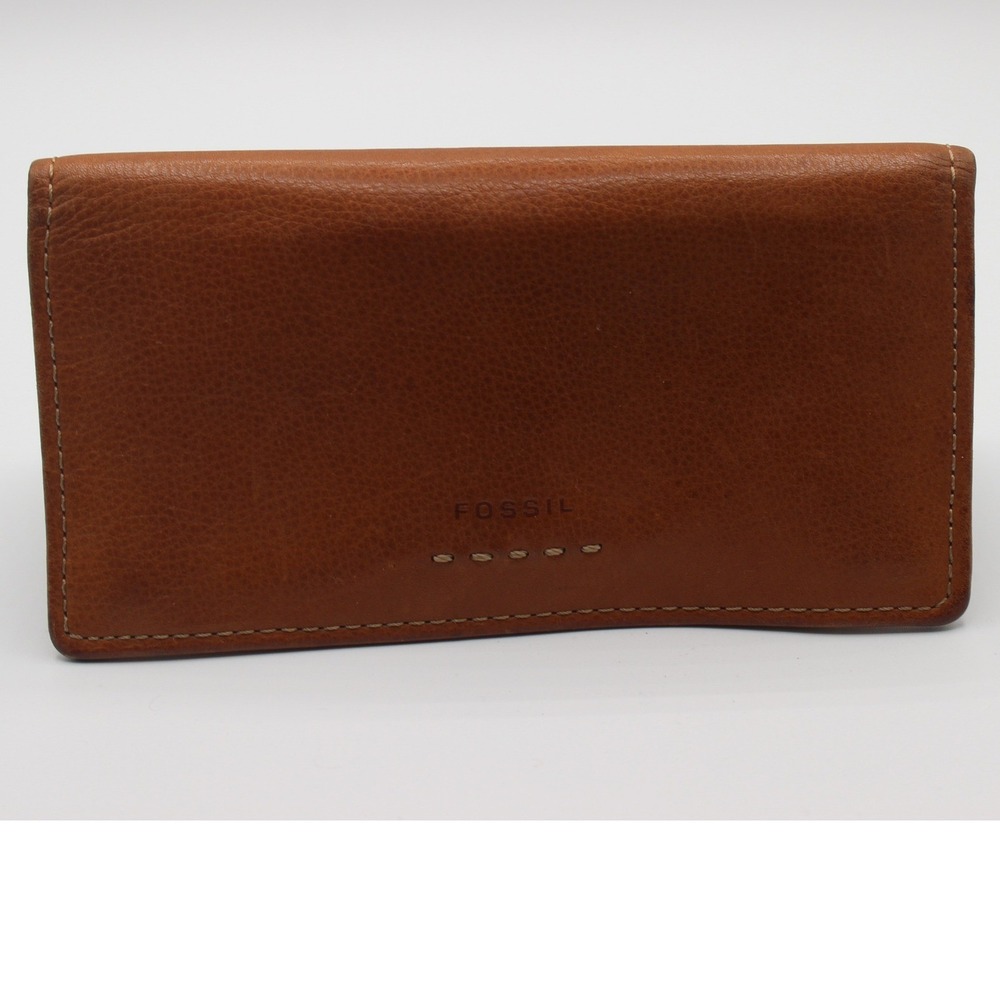 Fossil Mens Brown Leather‎ Bifold Checkbook Cover Wallet with Zipper Pocket Tan